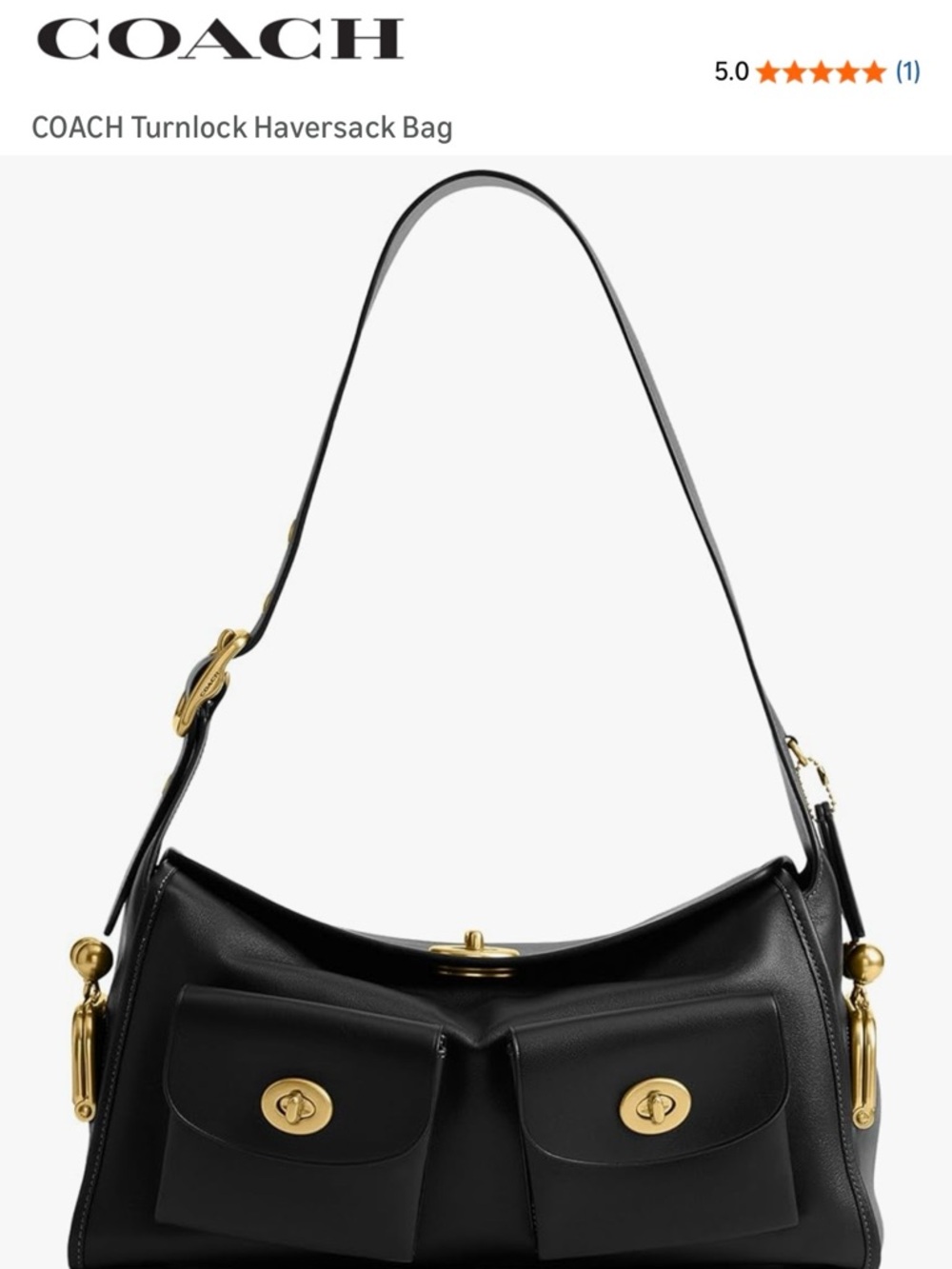 COACH Black Leather Turnlock Haversack Shoulder Bag with Gold Hardware
